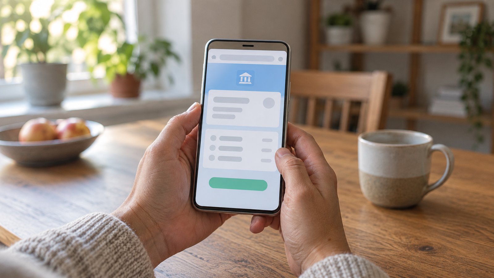 Веб-версия банка на айфоне: смартфон в руках с обезличенным интерфейсом интернет-банка в браузере