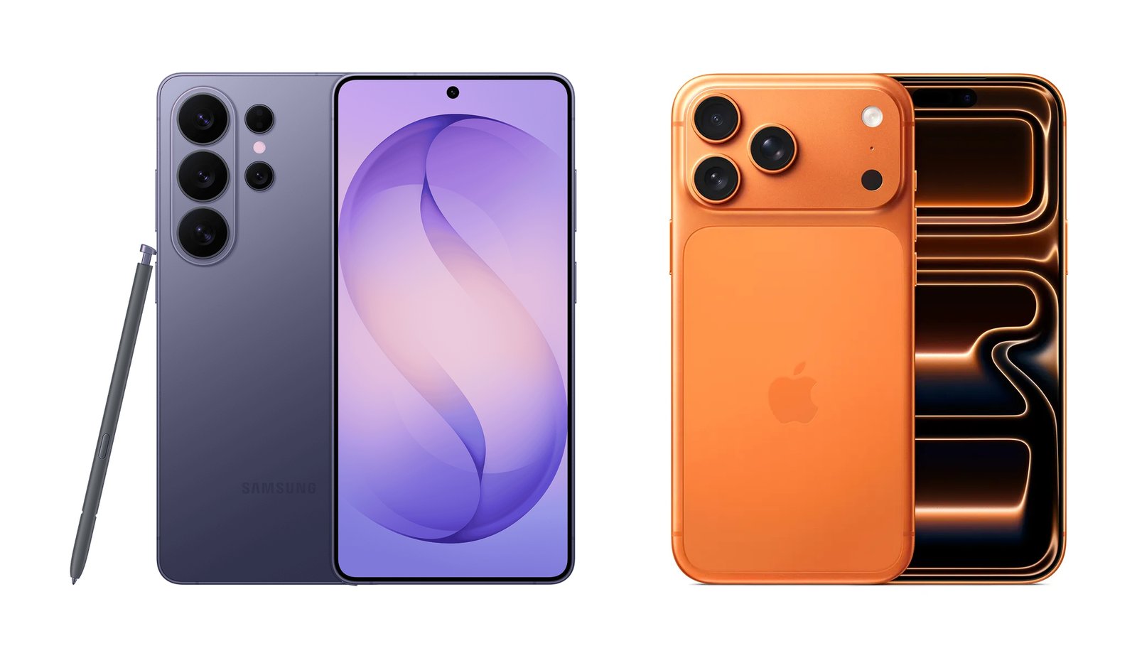 Samsung Galaxy S26 Ultra и Apple iPhone 17 Pro Max рядом: слева — Galaxy S26 Ultra экраном вперёд с выдвинутым стилусом S Pen, справа — iPhone 17 Pro Max в цвете Cosmic Orange задней панелью вперёд