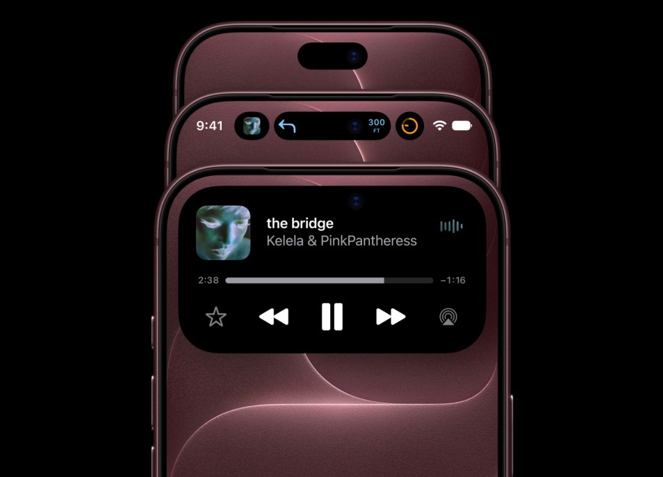Уменьшенный «Динамический остров» iPhone 18 Pro в трёх состояниях: компактный вырез, строка статуса и развёрнутый плеер