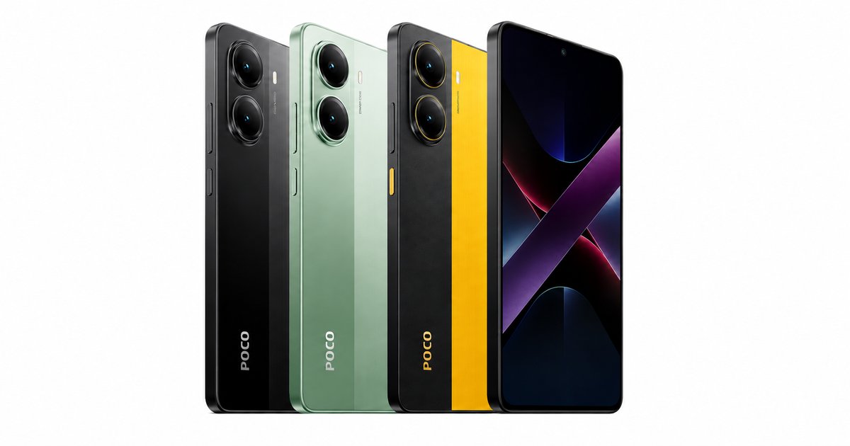 POCO X7 Pro в чёрном и зелёном цвете, вид сзади с блоком камер, и экран включён спереди