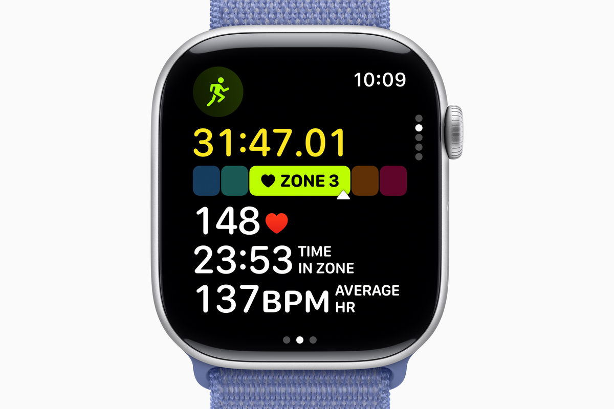 Экран тренировки на Apple Watch: таймер 31:47, пульсовая зона 3, текущий пульс 148 ударов в минуту и средний 137